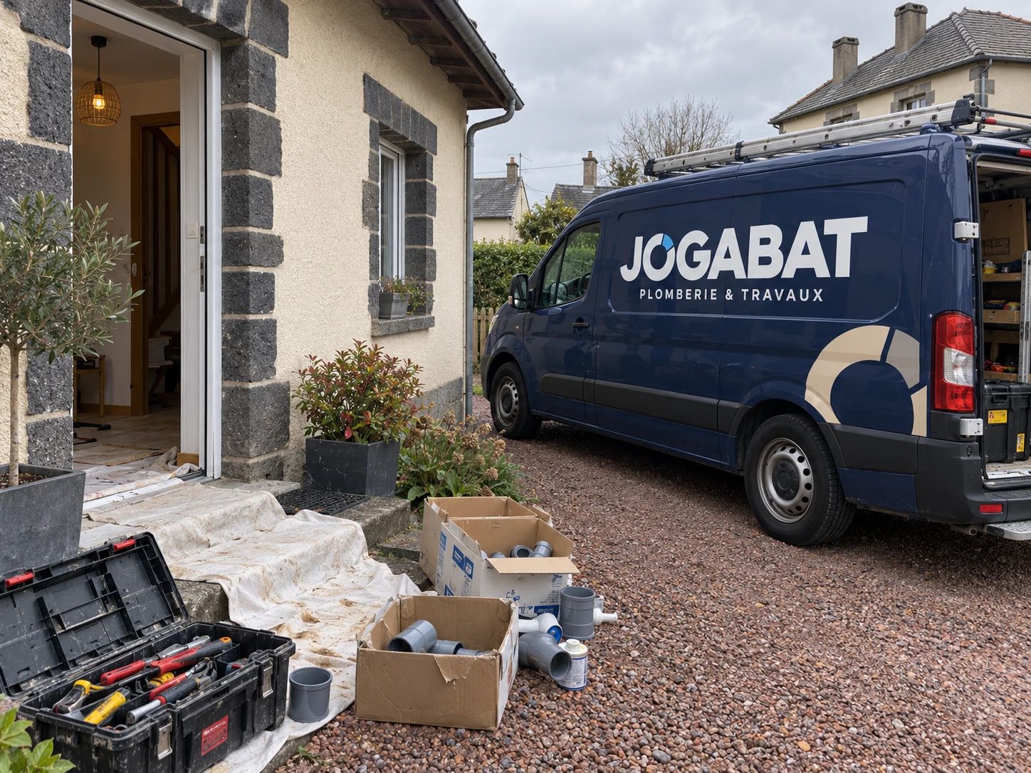 Camionnette JOGABAT garée devant une maison, matériel de plomberie déposé sur une bâche avant le chantier