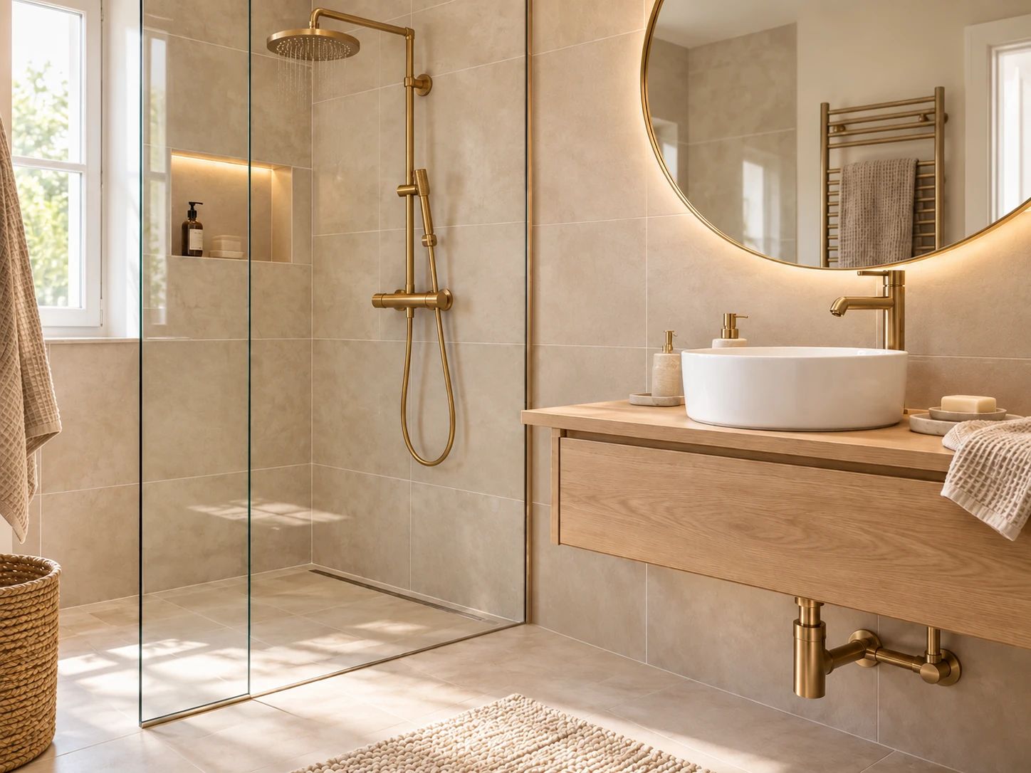 Salle de bain avec douche à l’italienne, paroi vitrée, robinetterie laiton et meuble vasque en bois
